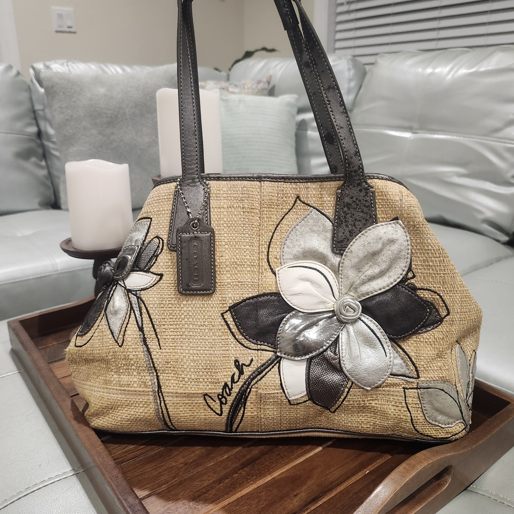 Coach Tan and Black Shoulder Bag with Floral Design